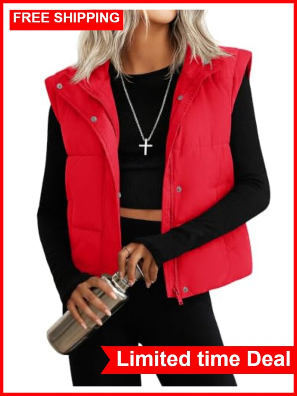 Womens Lightweight Zip Up Cropped Puffer Vest Sleeveless Quilted Coat